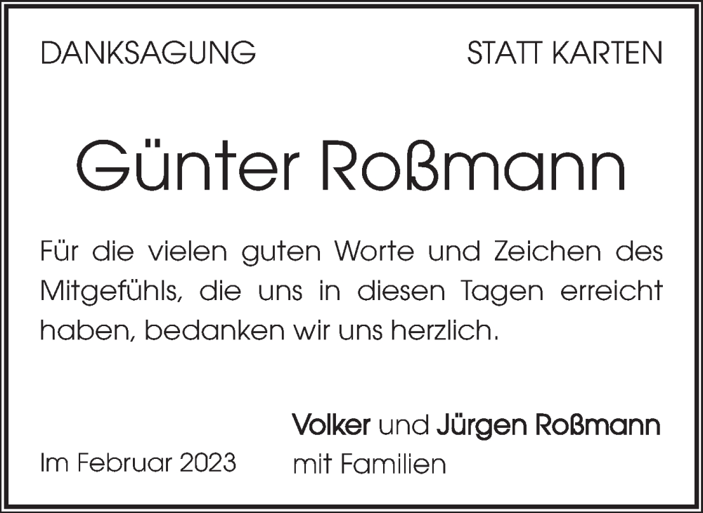  Traueranzeige für Günter Roßmann vom 04.02.2023 aus Geislinger Zeitung
