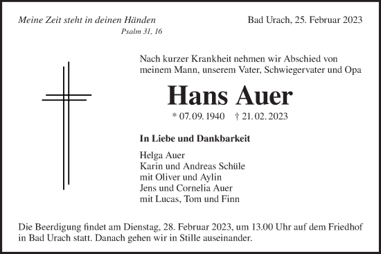 Traueranzeige von Hans Auer von Metzinger-Uracher Volksblatt