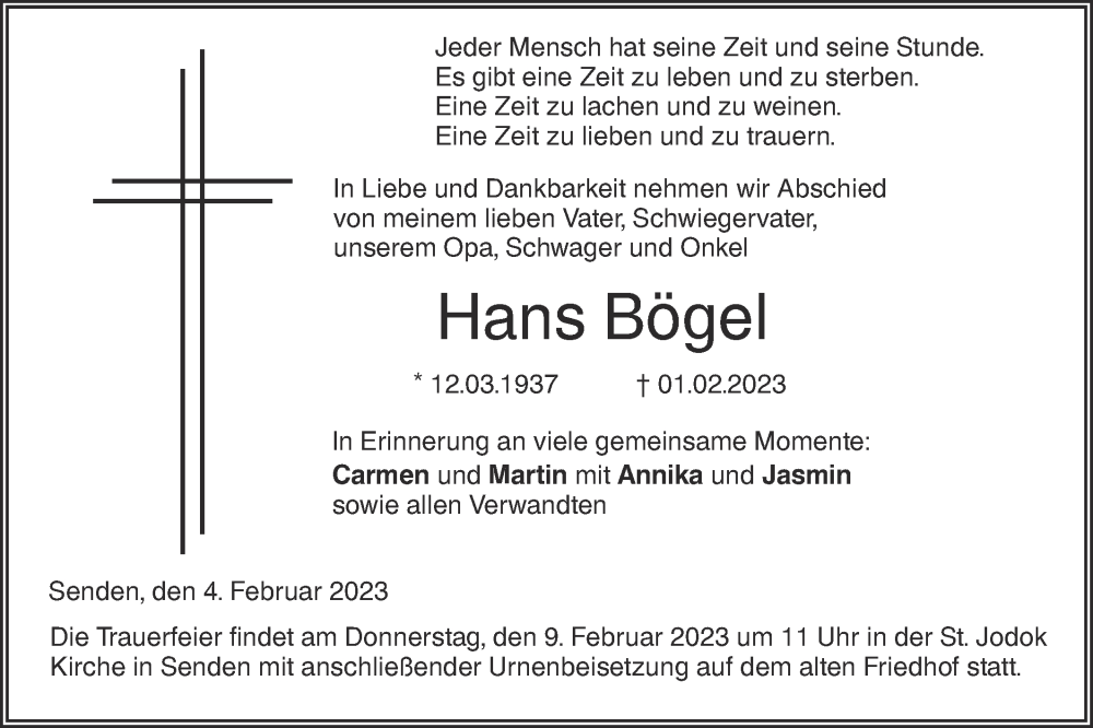 Traueranzeige für Hans Bögel vom 04.02.2023 aus SÜDWEST PRESSE Ausgabe Ulm/Neu-Ulm