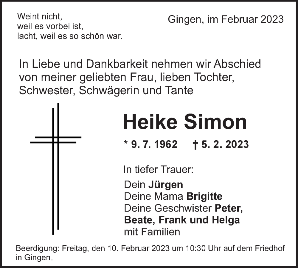  Traueranzeige für Heike Simon vom 08.02.2023 aus Geislinger Zeitung