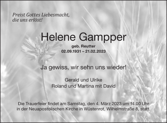 Traueranzeige von Helene Gampper von Haller Tagblatt