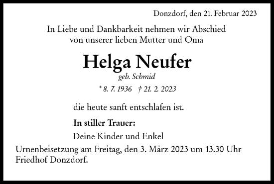 Traueranzeige von Helga Neufer von NWZ Neue Württembergische Zeitung