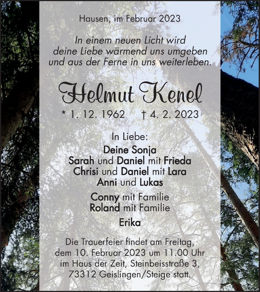  Traueranzeige für Helmut Kenel vom 07.02.2023 aus NWZ Neue Württembergische Zeitung/Geislinger Zeitung
