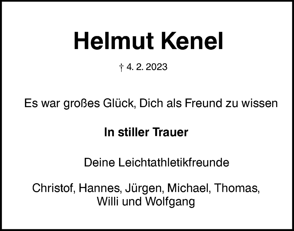  Traueranzeige für Helmut Kenel vom 10.02.2023 aus NWZ Neue Württembergische Zeitung/Geislinger Zeitung