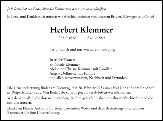 Traueranzeige von Herbert Klemmer von Hohenloher Tagblatt