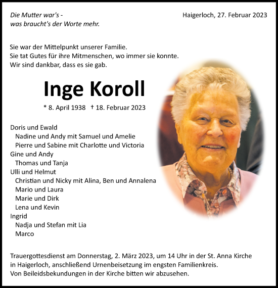 Traueranzeige von Inge Koroll von Metzinger-Uracher Volksblatt