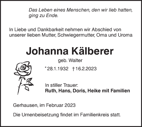 Traueranzeige von Johanna Kälberer von SÜDWEST PRESSE