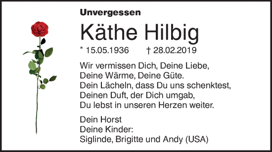 Traueranzeige von Käthe Hilbig von SÜDWEST PRESSE Ausgabe Ulm/Neu-Ulm