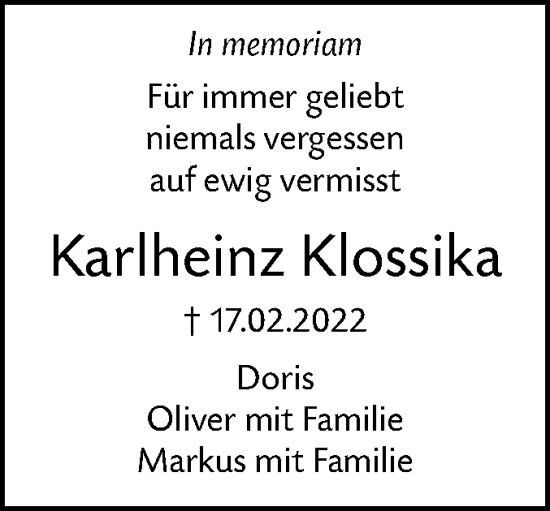 Traueranzeige von Karlheinz Klossika von SÜDWEST PRESSE Ausgabe Ulm/Neu-Ulm