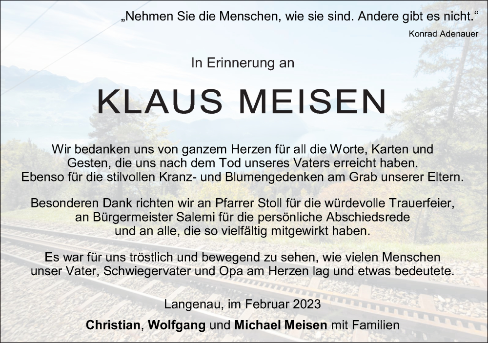  Traueranzeige für Klaus Meisen vom 11.02.2023 aus SÜDWEST PRESSE Ausgabe Ulm/Neu-Ulm
