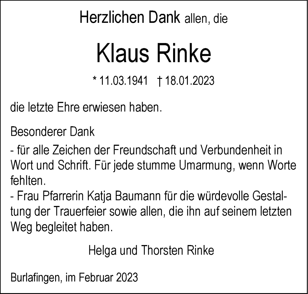  Traueranzeige für Klaus Rinke vom 04.02.2023 aus SÜDWEST PRESSE Ausgabe Ulm/Neu-Ulm
