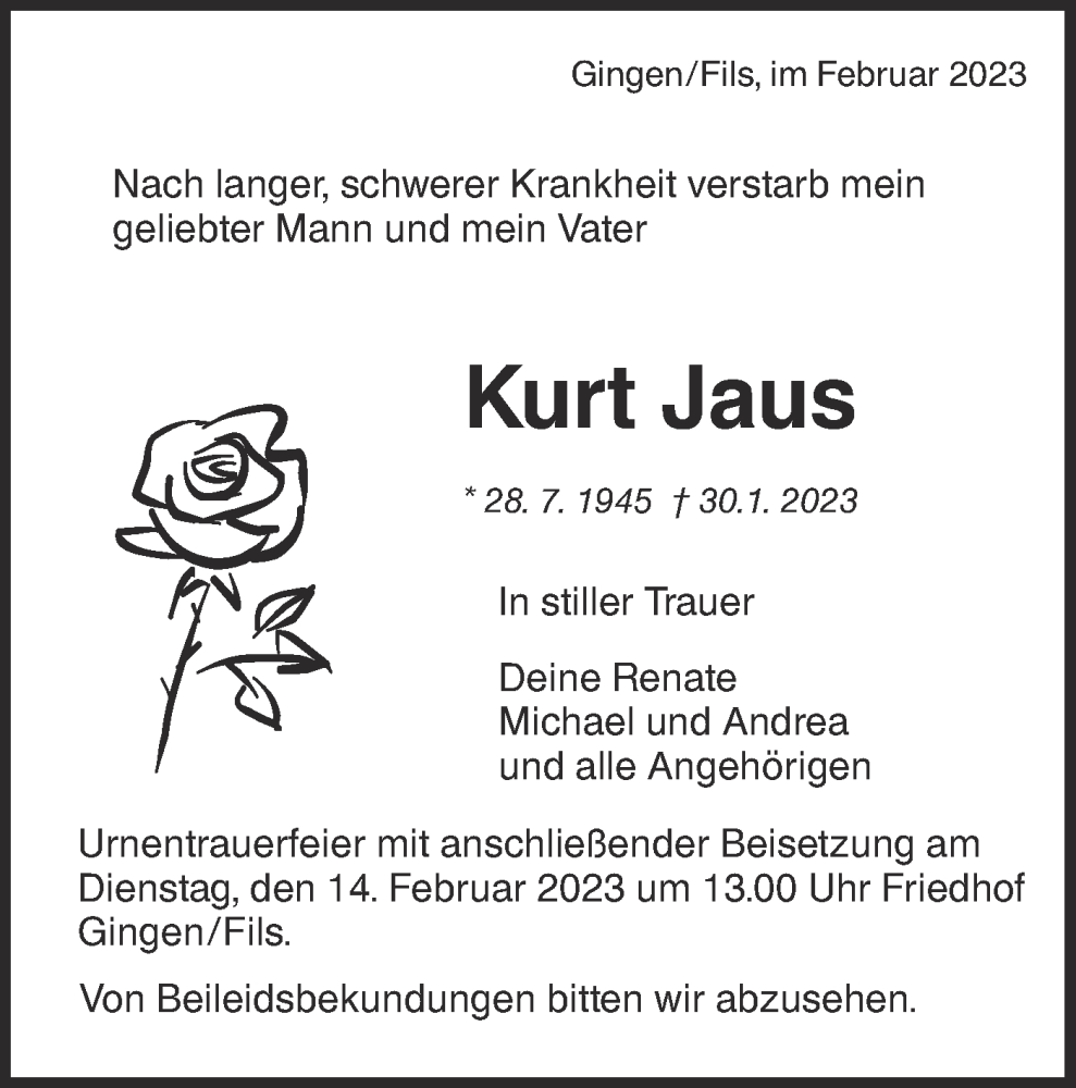  Traueranzeige für Kurt Jaus vom 08.02.2023 aus NWZ Neue Württembergische Zeitung/Geislinger Zeitung
