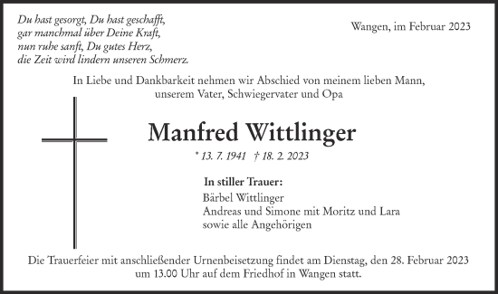Traueranzeige von Manfred Wittlinger von NWZ Neue Württembergische Zeitung