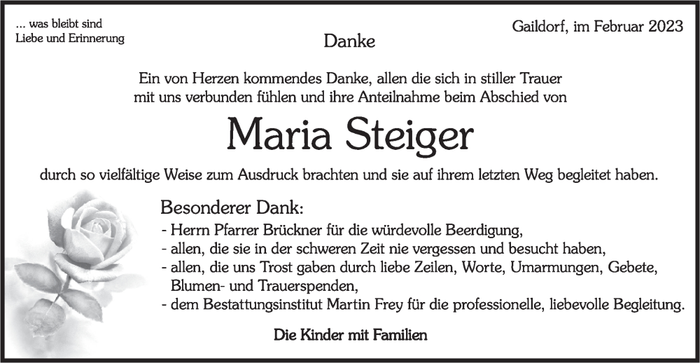 Traueranzeige für Maria Steiger vom 11.02.2023 aus Rundschau Gaildorf