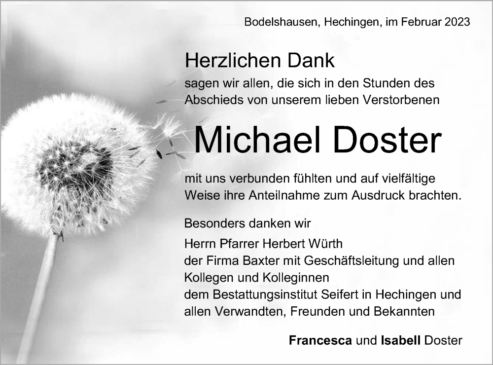  Traueranzeige für Michael Doster vom 25.02.2023 aus Metzinger-Uracher Volksblatt