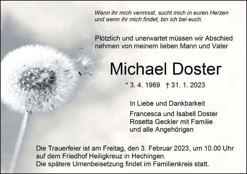  Traueranzeige für Michael Doster vom 02.02.2023 aus Metzinger-Uracher Volksblatt