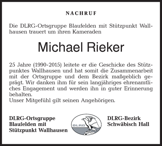 Traueranzeige von Michael Rieker von Hohenloher Tagblatt