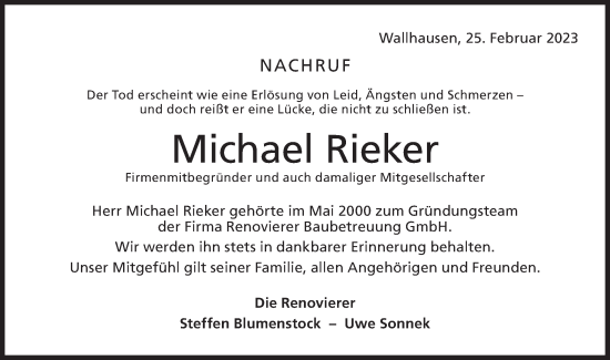 Traueranzeige von Michael Rieker von Hohenloher Tagblatt