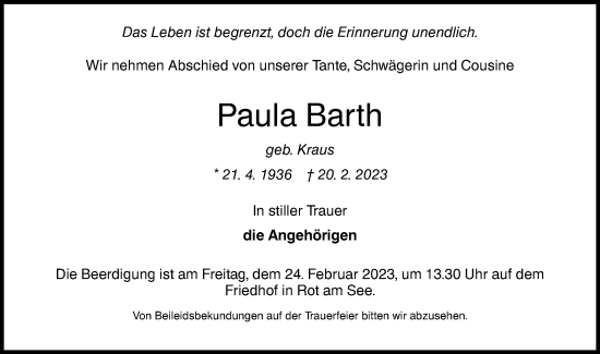 Traueranzeige von Paula Barth von Hohenloher Tagblatt