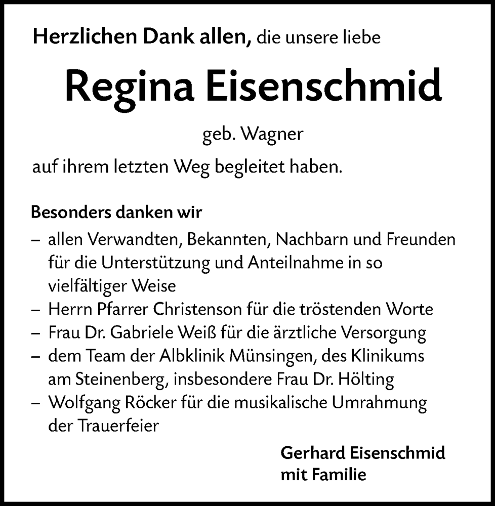  Traueranzeige für Regina Eisenschmid vom 01.03.2023 aus Alb-Bote/Metzinger-Uracher Volksblatt