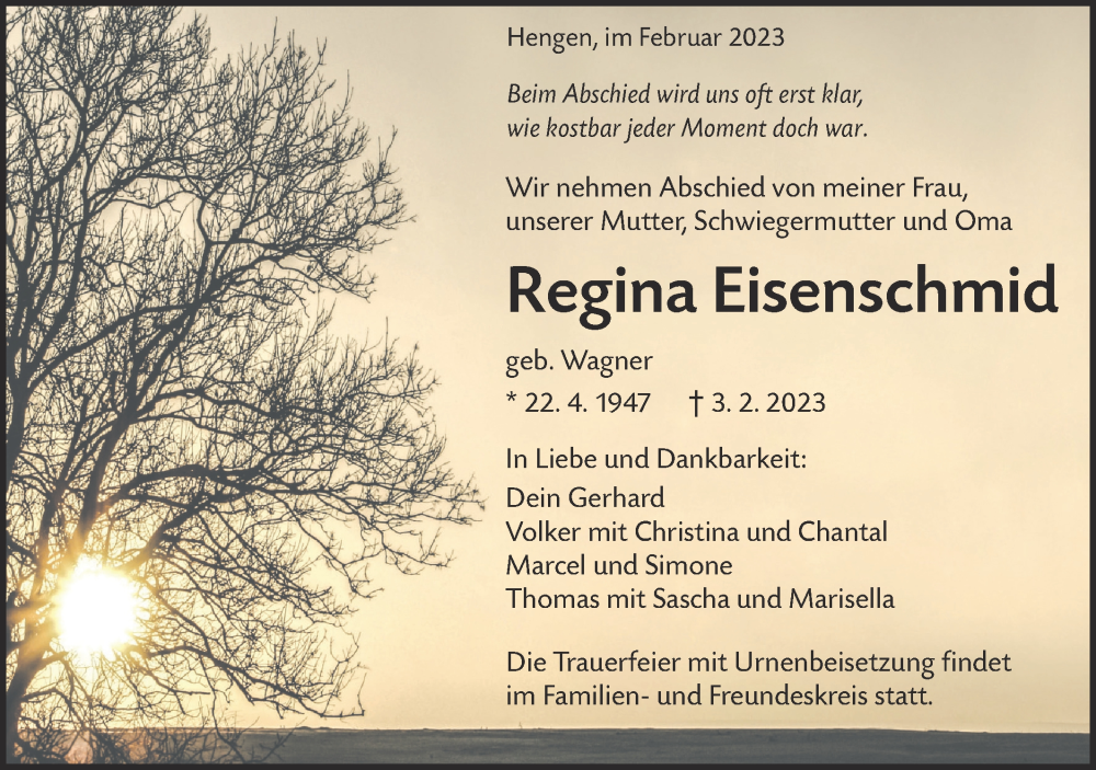  Traueranzeige für Regina Eisenschmid vom 08.02.2023 aus Alb-Bote/Metzinger-Uracher Volksblatt