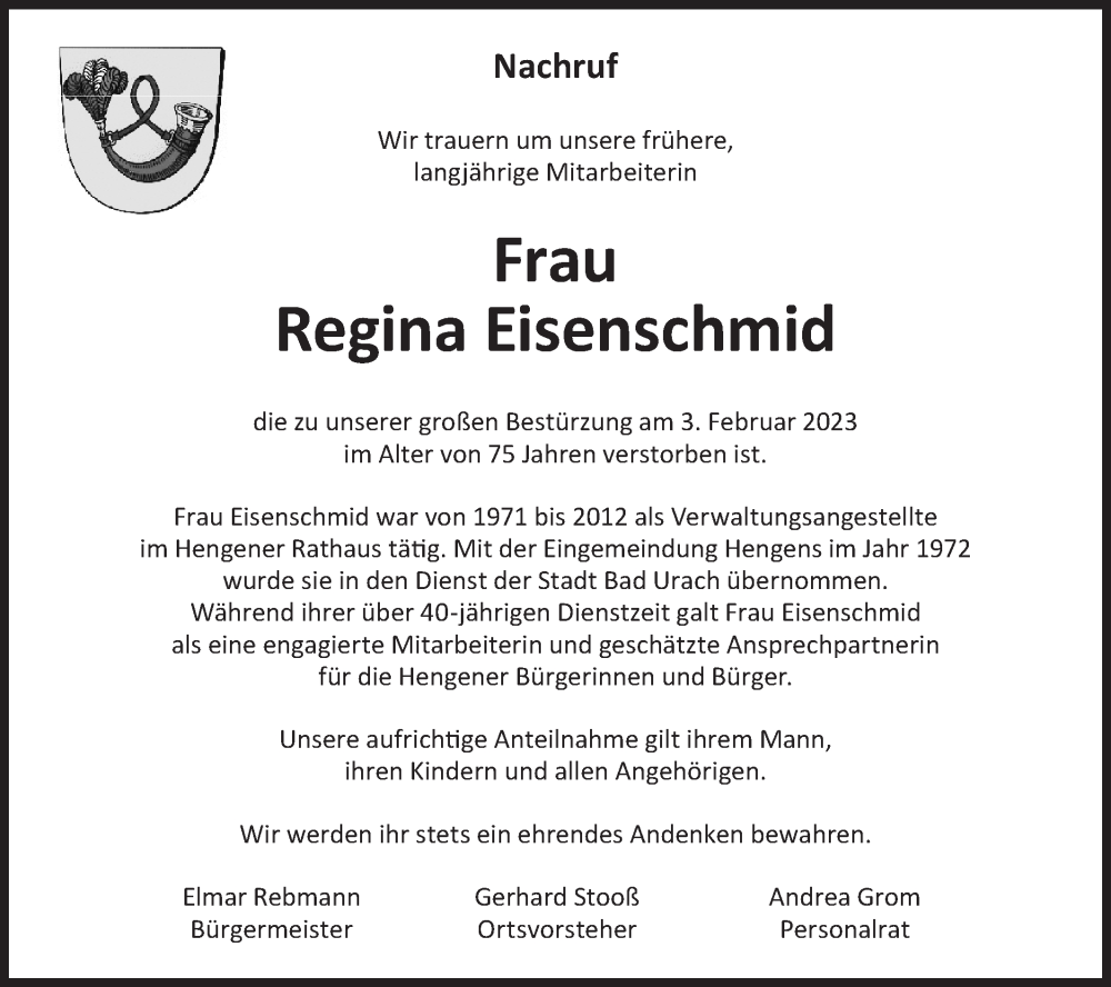  Traueranzeige für Regina Eisenschmid vom 09.02.2023 aus Metzinger-Uracher Volksblatt