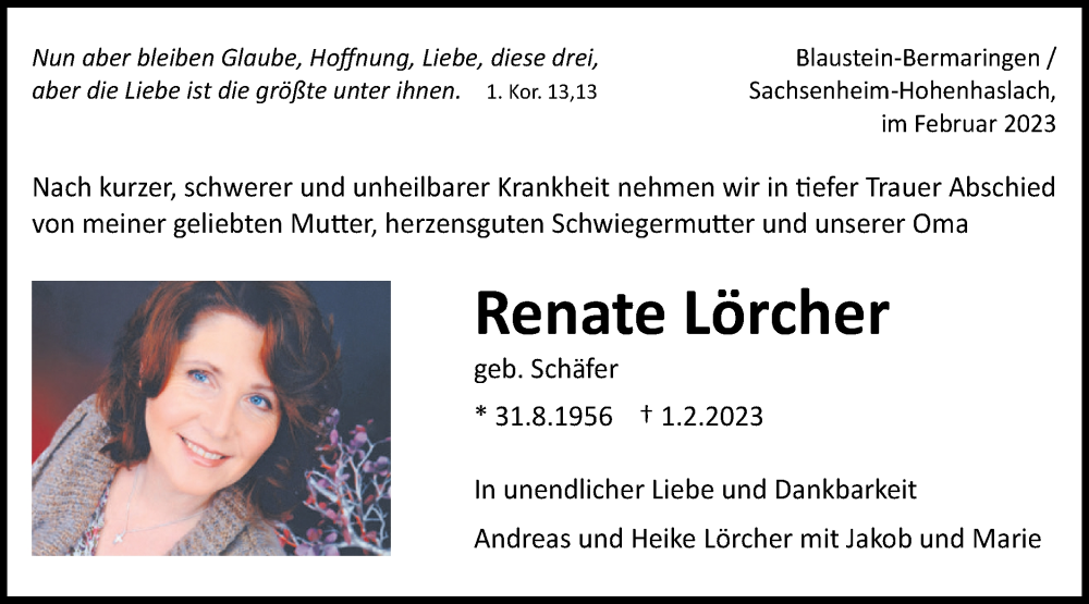  Traueranzeige für Renate Lörcher vom 04.02.2023 aus SÜDWEST PRESSE Ausgabe Ulm/Neu-Ulm