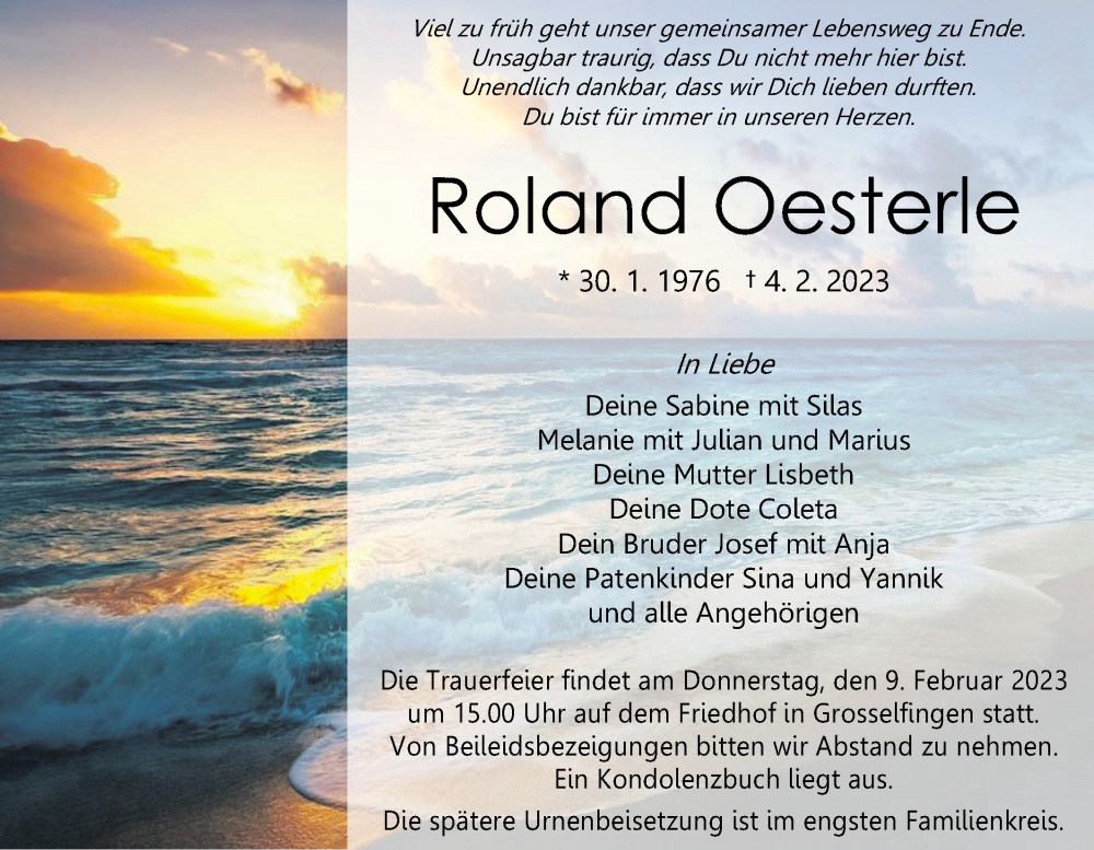  Traueranzeige für Roland Oesterle vom 07.02.2023 aus Metzinger-Uracher Volksblatt