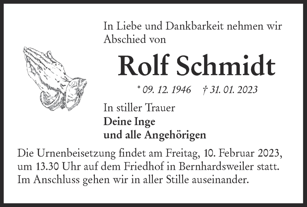  Traueranzeige für Rolf Schmidt vom 08.02.2023 aus Hohenloher Tagblatt