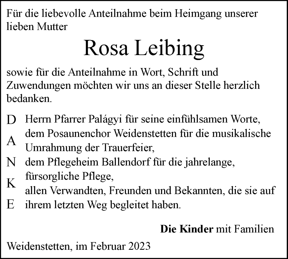  Traueranzeige für Rosa Leibing vom 11.02.2023 aus SÜDWEST PRESSE Ausgabe Ulm/Neu-Ulm