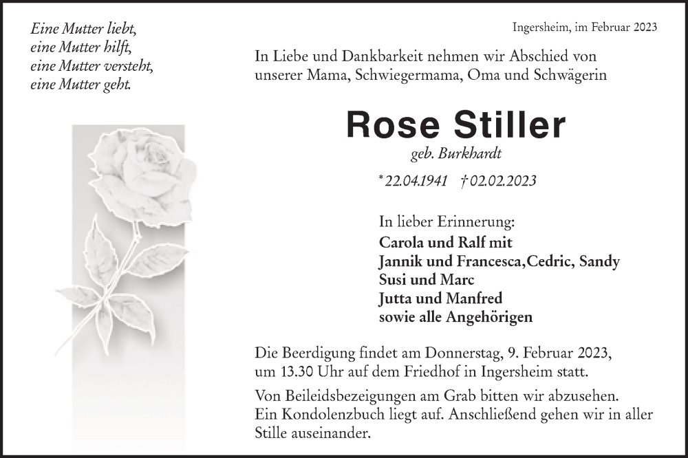  Traueranzeige für Rose Stiller vom 07.02.2023 aus Hohenloher Tagblatt