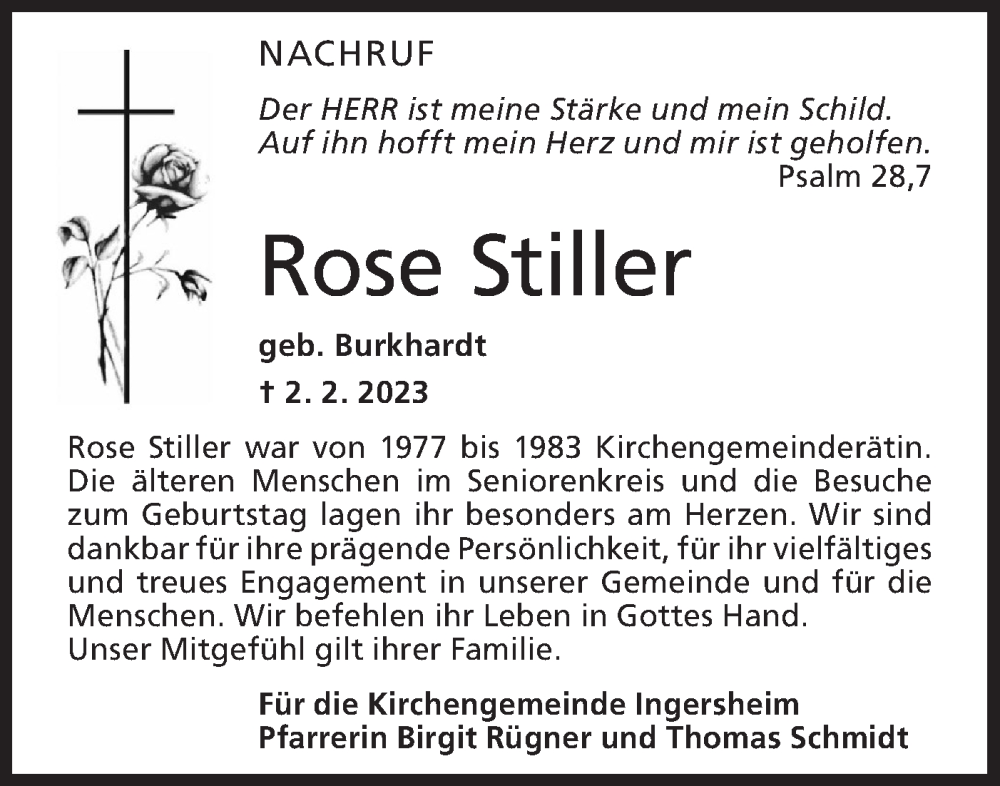  Traueranzeige für Rose Stiller vom 16.02.2023 aus Hohenloher Tagblatt