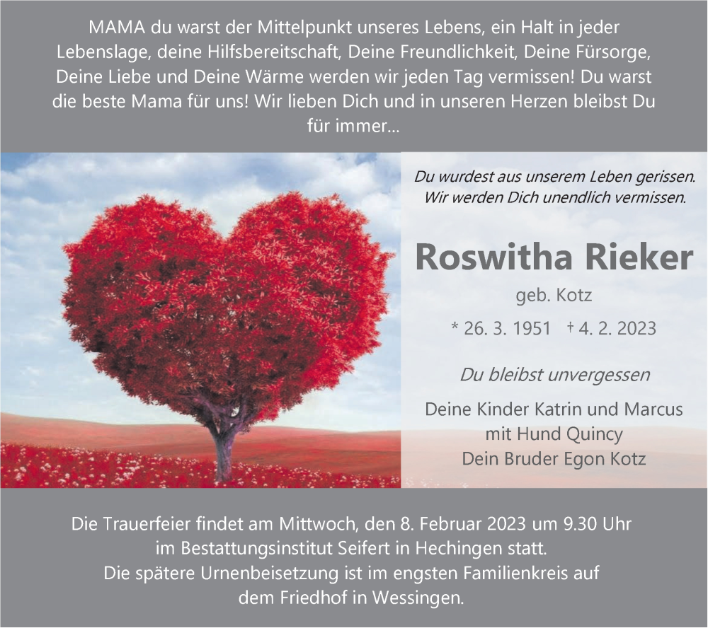  Traueranzeige für Roswitha Rieker vom 07.02.2023 aus Metzinger-Uracher Volksblatt