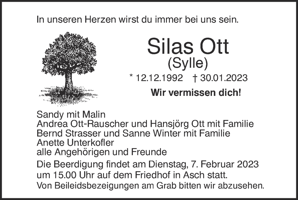  Traueranzeige für Silas Ott vom 04.02.2023 aus SÜDWEST PRESSE Ausgabe Ulm/Neu-Ulm