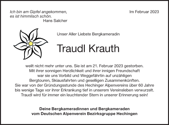 Traueranzeige von Traudl Krauth von Metzinger-Uracher Volksblatt