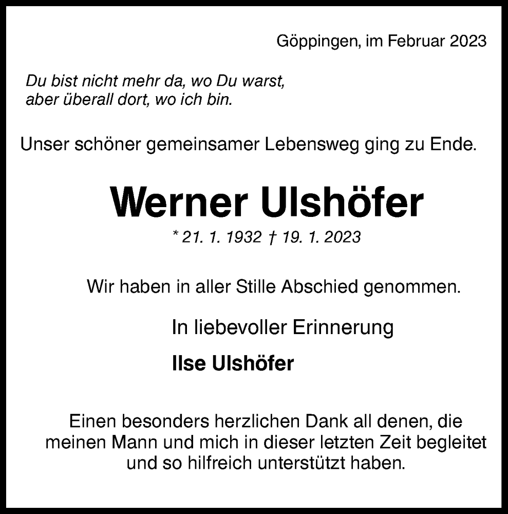  Traueranzeige für Werner Ulshöfer vom 08.02.2023 aus NWZ Neue Württembergische Zeitung