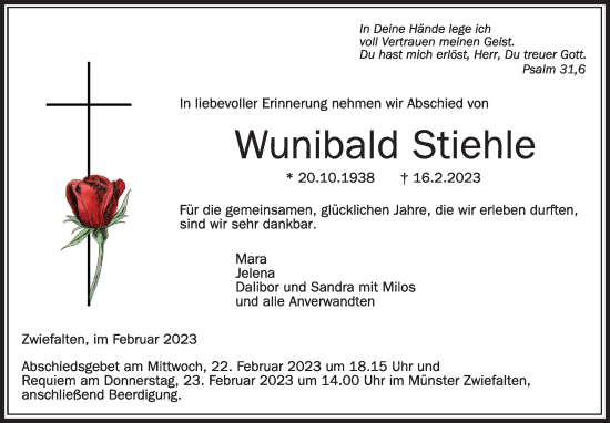 Traueranzeige von Wunibald Stiehle von Alb-Bote/Metzinger-Uracher Volksblatt