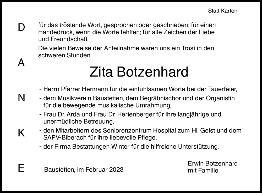  Traueranzeige für Zita Botzenhard vom 04.02.2023 aus SÜDWEST PRESSE Ausgabe Ulm/Neu-Ulm