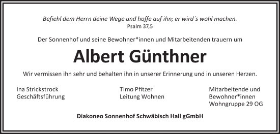 Traueranzeige von Albert Günthner von Haller Tagblatt