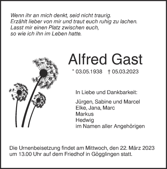 Traueranzeige von Alfred Gast von SÜDWEST PRESSE Ausgabe Ulm/Neu-Ulm