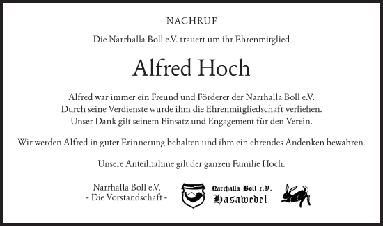 Traueranzeige von Alfred Hoch von Metzinger-Uracher Volksblatt