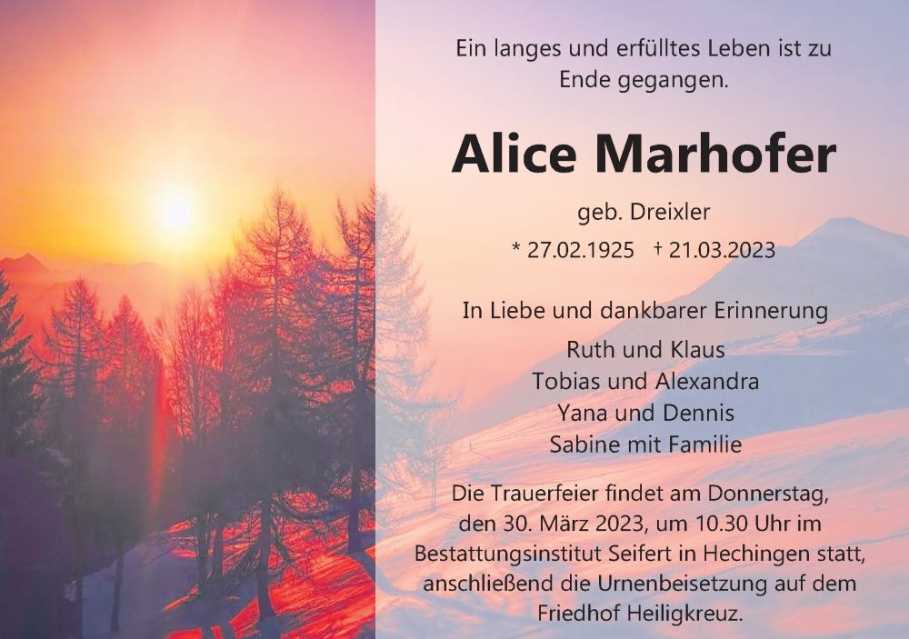 Traueranzeige für Alice Marhofer vom 25.03.2023 aus Metzinger-Uracher Volksblatt