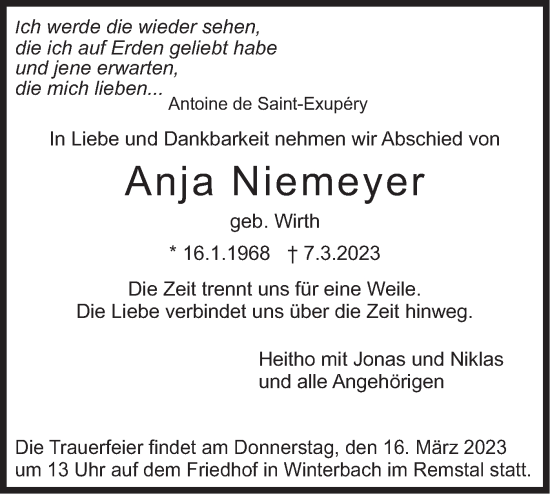 Traueranzeige von Anja Niemeyer von NWZ Neue Württembergische Zeitung