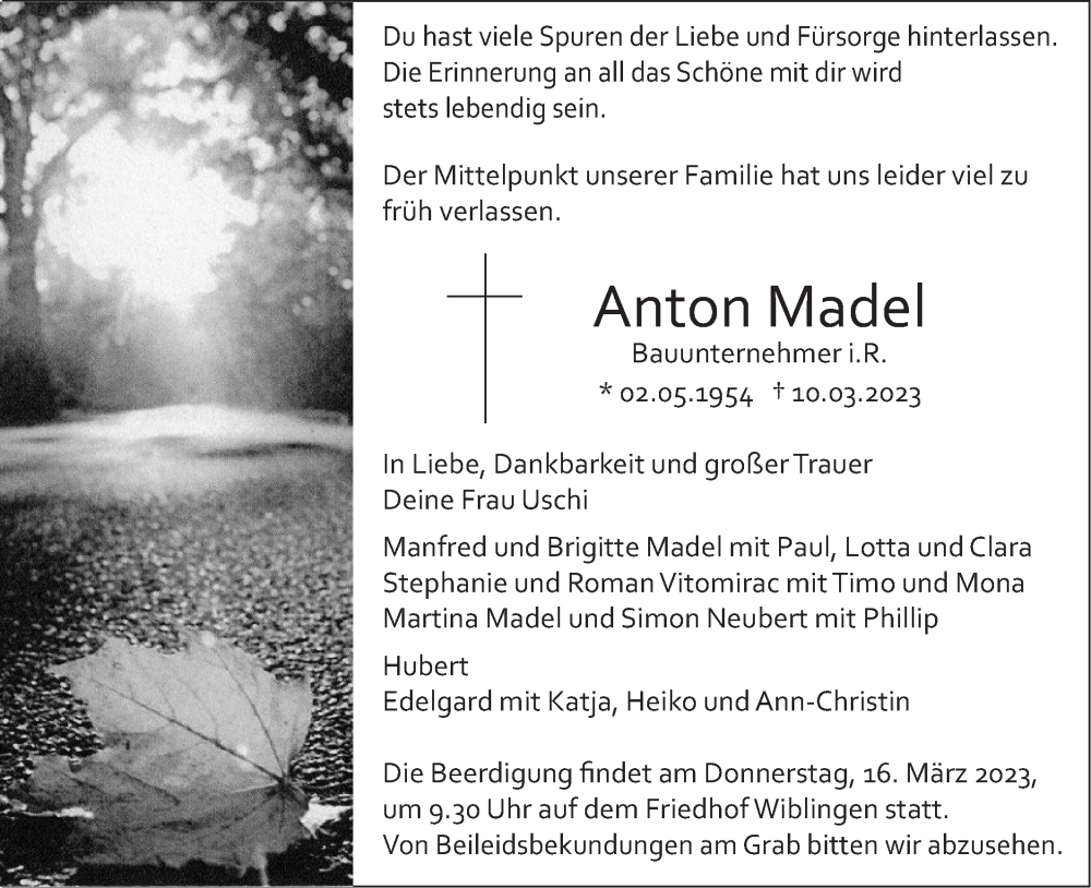  Traueranzeige für Anton Madel vom 14.03.2023 aus SÜDWEST PRESSE Ausgabe Ulm/Neu-Ulm