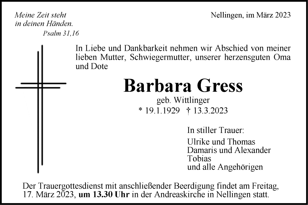  Traueranzeige für Barbara Gress vom 16.03.2023 aus Geislinger Zeitung