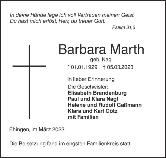 Traueranzeige von Barbara Marth von Ehinger Tagblatt
