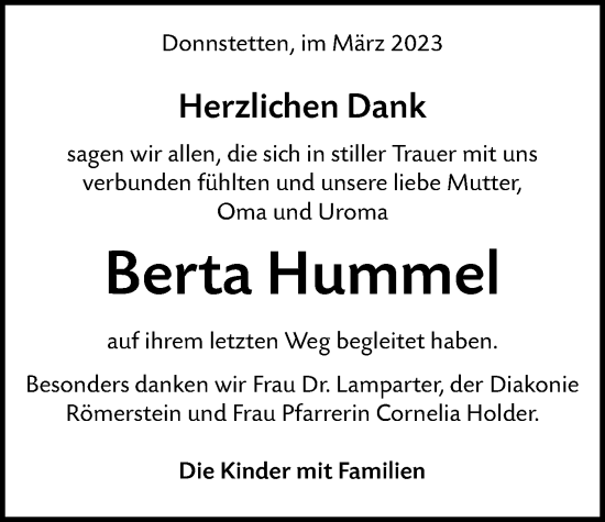 Traueranzeige von Berta Hummel von Alb-Bote/Metzinger-Uracher Volksblatt
