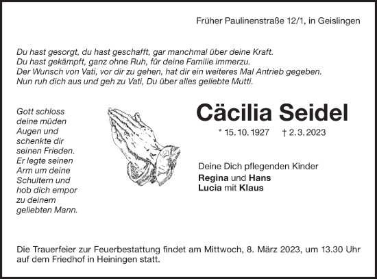 Traueranzeige von Cäcilia Seidel von Geislinger Zeitung