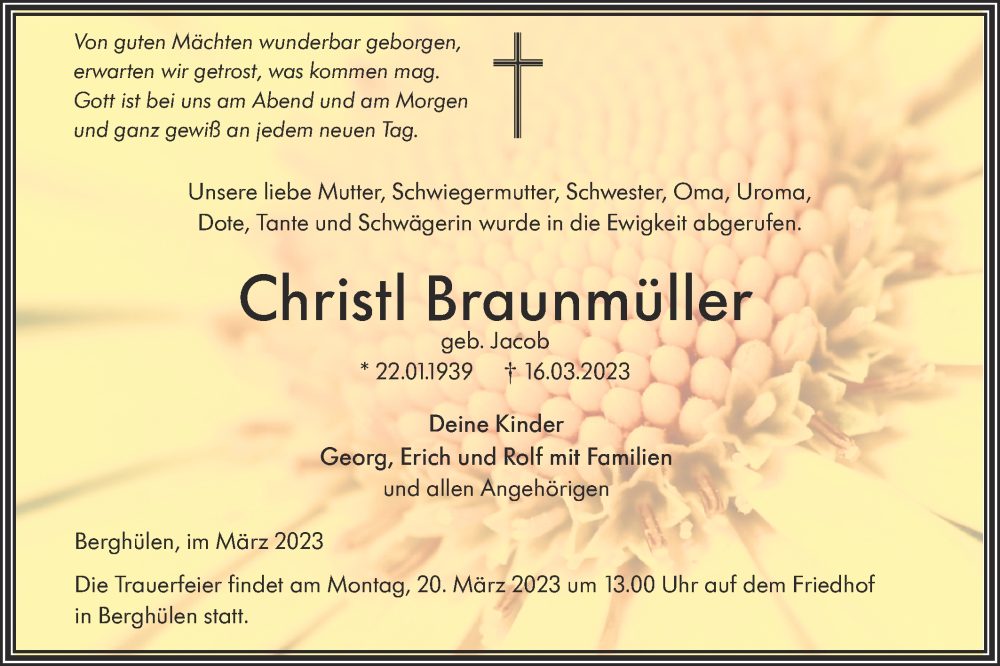  Traueranzeige für Christ Braunmüller vom 18.03.2023 aus SÜDWEST PRESSE Ausgabe Ulm/Neu-Ulm