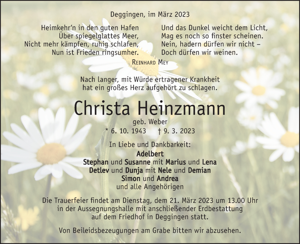  Traueranzeige für Christa Heinzmann vom 16.03.2023 aus Geislinger Zeitung